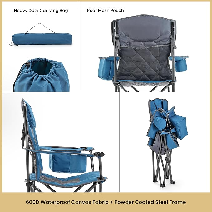 ARROWHEAD OUTDOOR Portable Folding Camping Quad Chair w/ 6-Can Cooler, Cup & Wine Glass Holders, Heavy-Duty Carrying Bag, Padded Armrests, Headrest & Seat, Supports up to 550lbs, USA-Based Support