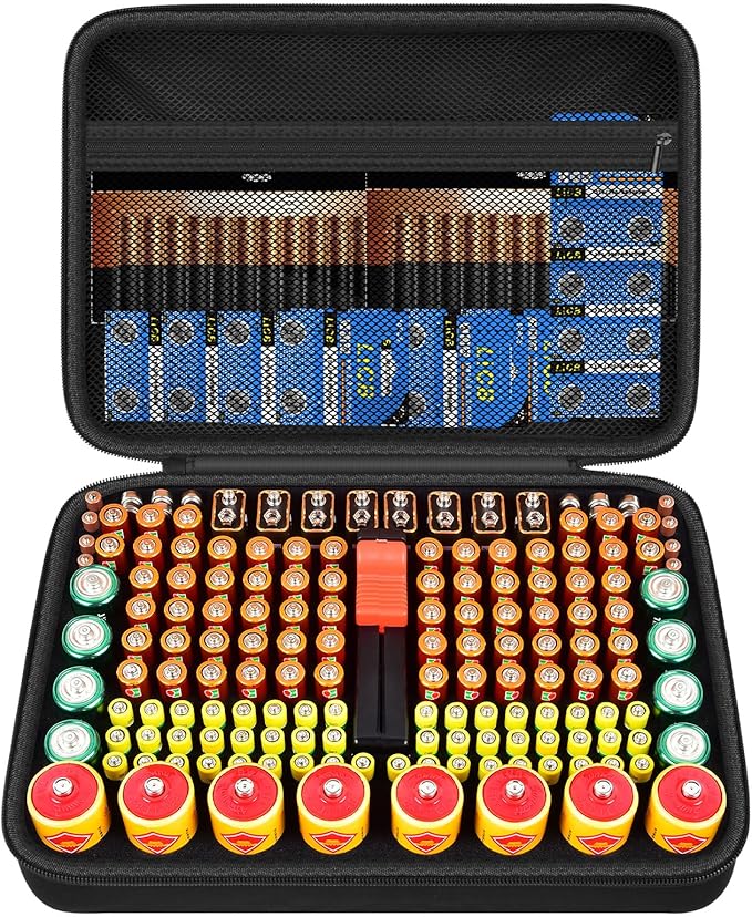 Battery Organizer Storage Case with Tester, Batteries Holder Box Carrying Container Bag, Garage Vault Organization Holds 162+ Battery Variety Pack AA AAA AAAA C D 9V 3V Lithium(No Batteries) (Black)
