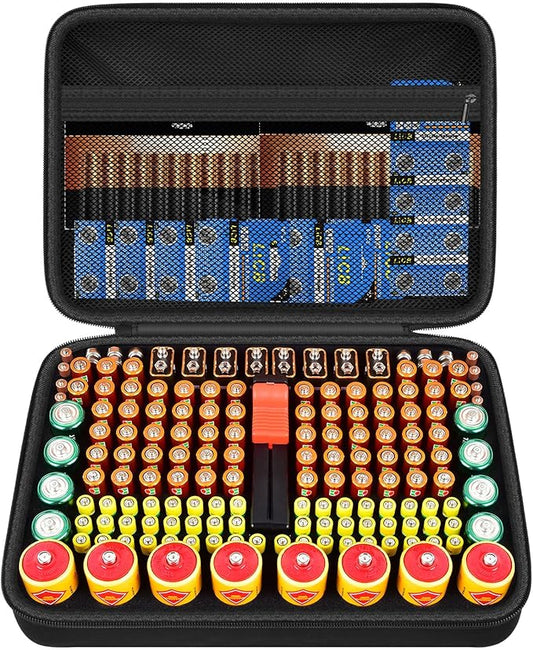 Battery Organizer Storage Case with Tester, Batteries Holder Box Carrying Container Bag, Garage Vault Organization Holds 162+ Battery Variety Pack AA AAA AAAA C D 9V 3V Lithium(No Batteries) (Black)