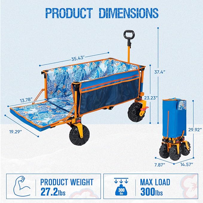 49" L Extra Long Beach Wagon with Tailgate,Big Wheels with Brake for Sand, Collapsible Utility Beach Cart Heavy Duty Folding Wagon,Ideal for Outdoor Sand Camping Garden Pet