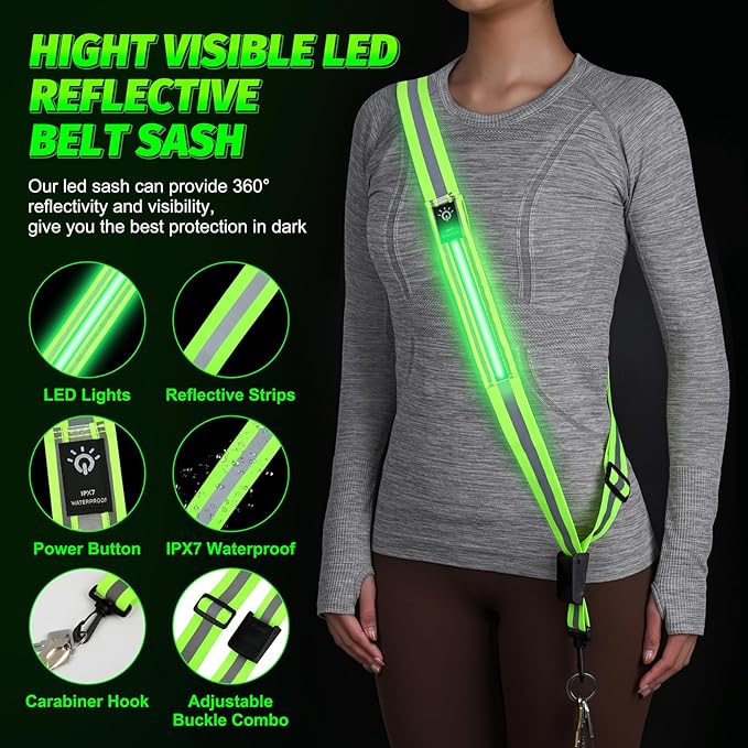 LED Running Gear High Visibility Reflective Belt Sash, Adjustable Night Walking Safety Gear, Rechargeable Light Up Running Reflective Belt for Runners Walkers Men Women