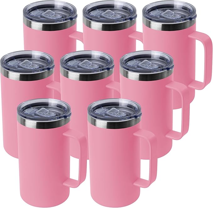 DOMICARE 24oz Mug with Handle and Lid, Stainless Steel Coffee Mug, Travel Mug with Handle, Double Wall Vacuum Coffee Tumbler, Reusable Insulated Cup, Pink, Pack 8