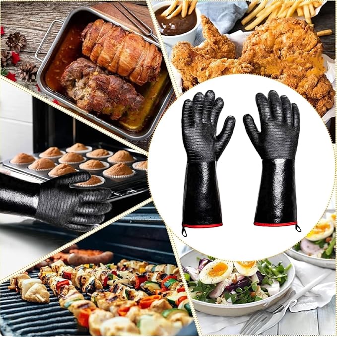 BBQ Gloves - 1472°F Thicken Heat Resistant Gloves w/S-Hook 14 in Kitchen Oven Mitts Waterproof Grill Gloves Oil Resistant Grilling Gloves Cooking Gloves for Turkey Fryer/Baking/Oven/Smoker