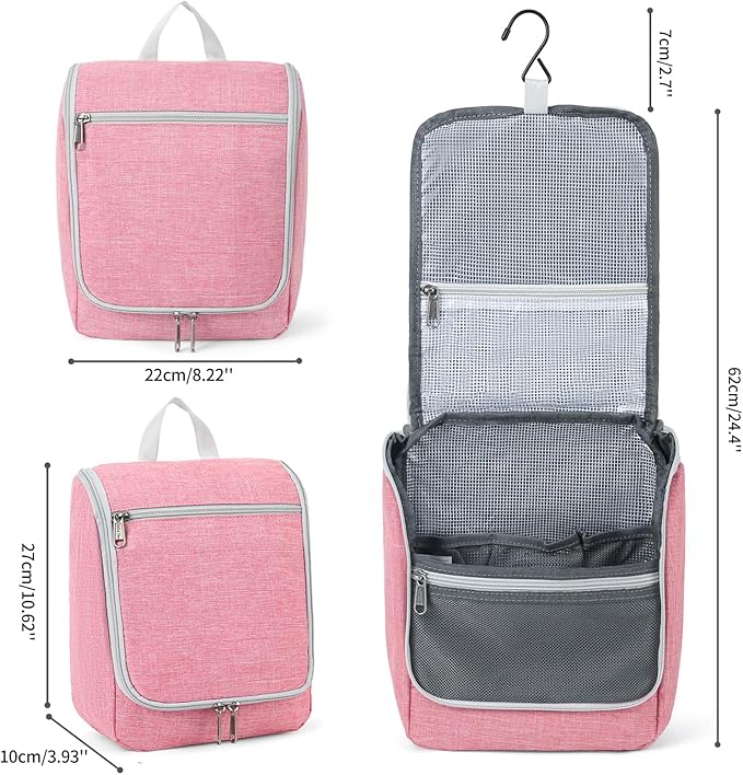 Della Gao Hanging Travel Toiletry bag for Women, Water-resistant Durable Nylon Toiletries Organizer for Cosmetics, Makeup Brushes, Bathroom Bag, Pink