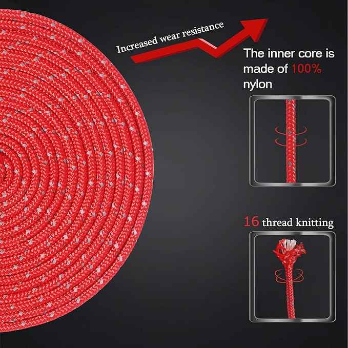 HIKEMAN 50m Reflective Guyline Solid Braid Nylon Camping Rope with Aluminum Adjuster Cord Tensioner Tent Accessory for Outdoor Travel,Hiking,Backpacking and Water Activities (Red, 4mm)