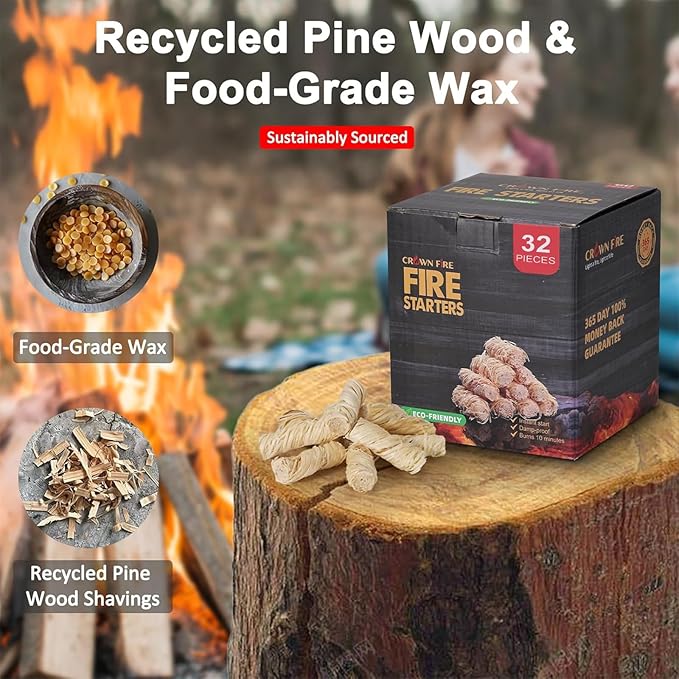 Fire Starters for Fireplace Indoor, and Outdoor Use - Natural Firestarter for Pizza Oven, Fire Pit - Fire Starters for Campfires - Charcoal Starter - 32 Rolls