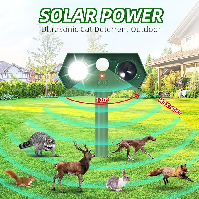 2Pack Solar Ultrasonic Animal Repellent Outdoor Cat Solar Animal Repeller with Motion Sensor&LED Flashlight Deer Repellent Devices to Scare Raccon Fox Rabbit Squirrel Skunk Repellent for Yard