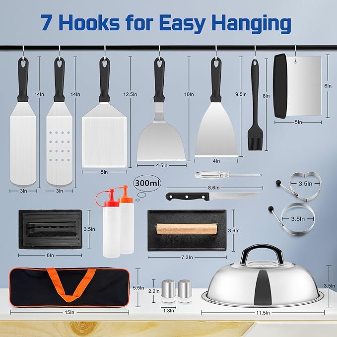 26-Piece Griddle Accessories Kit, HaSteeL Flat Top Grill Utensils Tool Set, Stainless Steel Spatulas, Griddle Scraper Chopper, Melting Dome, Bacon Press for Teppanyaki Cooking BBQ, Dishwasher Safe