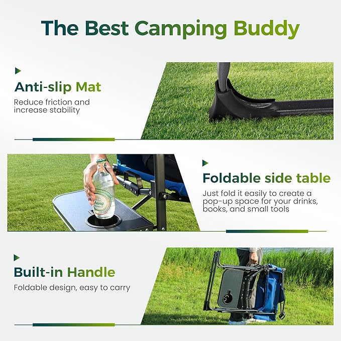 ALPHA CAMP Oversized Folding Camping Chairs High Backrest Reclining Director Heavy Duty Lawn Chairs for Adults Support 300 LBS Fishing Chairs with Large Side Table Cup Holders for Outdoor Fishing