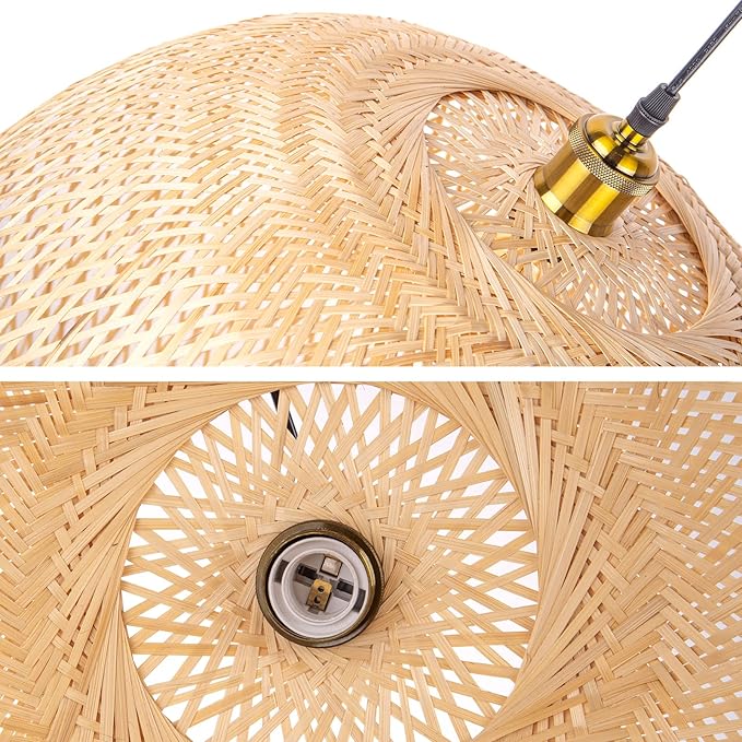 Arturesthome Natural Bamboo Pendant Lamp, Round Hanging Ceiling Light Wicker Chandelier, Hand-Woven Boho Basket Lampshade for Kitchen Island Living Room
