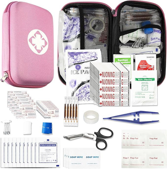 277PCS Compact Emergency First Aid Kit for Car Business Travel Size Backpacking Gear Bag Camping Essentials Survival Kit Supplies for Road Trips, Hiking, Outdoor Play Pink AMORNING