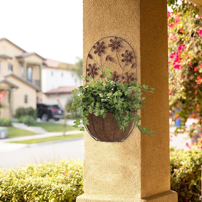 BAYN 2PKs Wall Hanging Planter Decor Art with Flower, Metal Wall Mounted Planters Indoor Outdoor Wall Planter for Succulent Herb Home Garden Yard