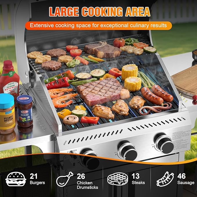 3-Burner Gas Grill with Folding Side Tables,Stainless Steel 24,000 BTU BBQ Grill,Outdoor Propane Grill for Barbecue,Patio,Camping
