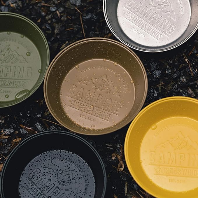 Camping Plates 2pcs Set, Stainless Steel Deep Round Plates, Insulated Dinnerware Cookware, Khaki