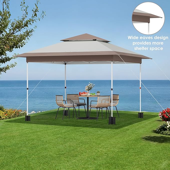 TLSUNNY 12X12 Pop Up Canopy Tent, Camping Shader W/Overhanging Eaves & Sand Bag, Outdoor Gazebo Shelter W/One Push Setup & Wheeled Bag, Height Adjustable, for Patio, Market, Party (Khaki, 12FTX12FT)