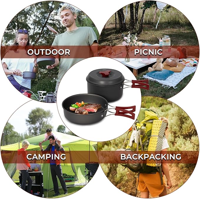 Bulin 24/13/11/8/4 PCS Camping Cookware Mess Kit Lightweight Backpacking Cooking Set Outdoor Cook Gear for Family Hiking, Picnic(Kettle, Pot, Frying Pan, Bowls, Plates, Spoon)