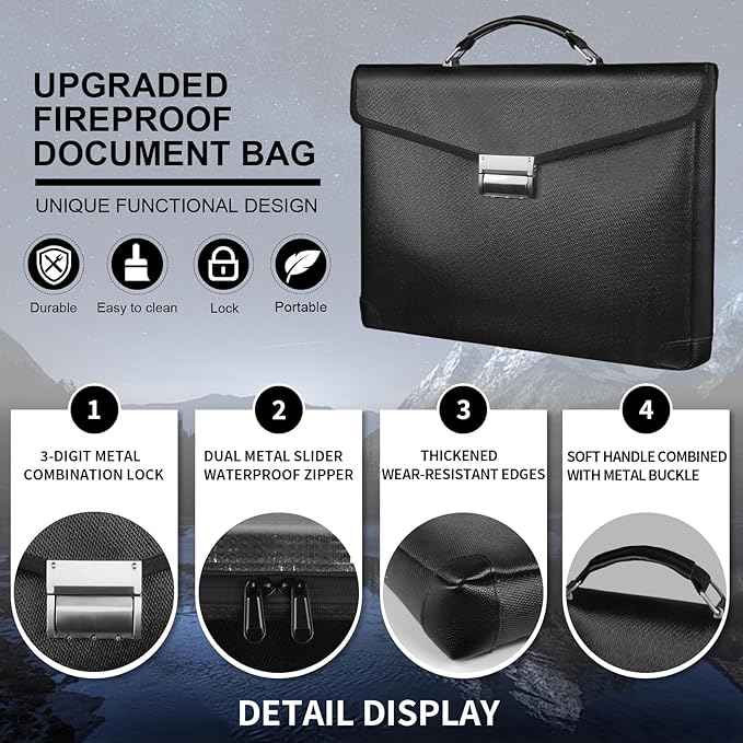 Fireproof Document Bag 14.5"X11"X2.5" Fireproof Money Bag for Cash With Lock and Zipper,Fire&Waterproof Storage Organizer Pouch for Valuables,Legal Document,Laptop,Passport,(Black)