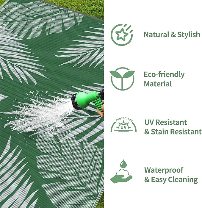 GENIMO Outdoor Rug 6' x 9' Waterproof for Patios Clearance, Reversible Plastic Straw Camping Carpet, Large Area Rugs Mats for RV, Picnic, Backyard, Deck, Balcony, Porch, Beach, Green&Grey