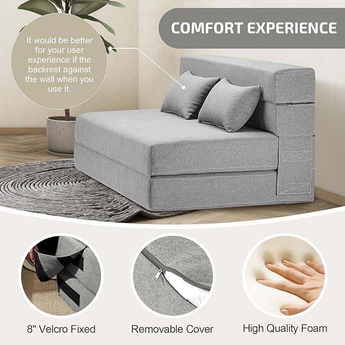 Folding Sofa Bed with Pillows- Convertible Chair Floor Couch & Sleeping Mattress, Foldable Memory Foam Sleeper for Living Room/Dorm/Guest Room/Home Office/Apartment/Loft, Full, Light Gray