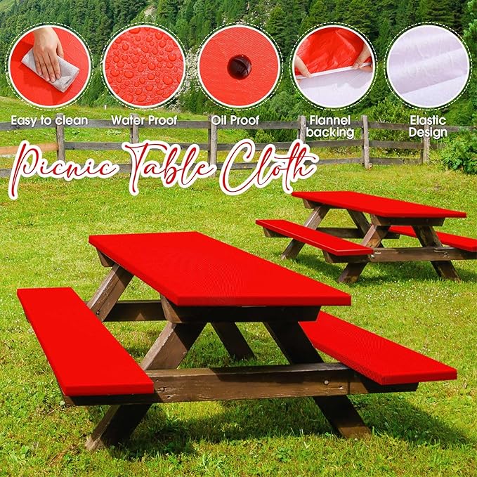 Irenare 3 Pcs Picnic Table and Bench Fitted Tablecloth Cover for 6 Ft Table 30 x 72 Inch Vinyl Fitted Elastic Edges Waterproof Wipeable Tablecloth for Indoor Outdoor Picnics Patio Camping (Red)