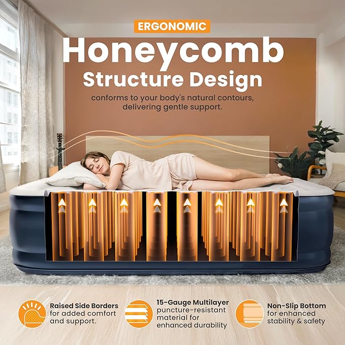 Full Air Mattress, 18” Raised Inflatable Bed with Built-in Pump, Waterproof Velvety Top, Ergonomic Design, Reinforced Support, and Carry Bag for Home, Camping, and Guests