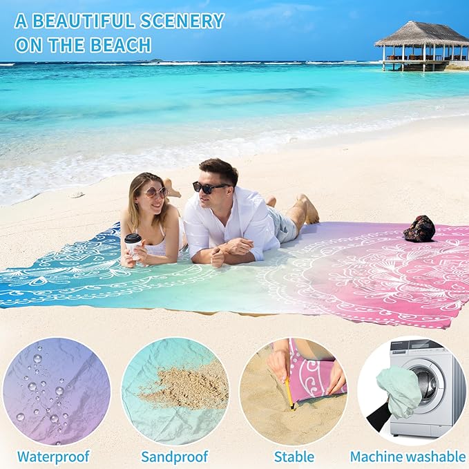 BYDOLL Beach Blanket Waterproof Sandproof 78''×81'' Suits1-4 Adults Compact Lightweight Oversized Sand-Free Blanket Large Picnic Mat for Beach Travel Camping Hiking