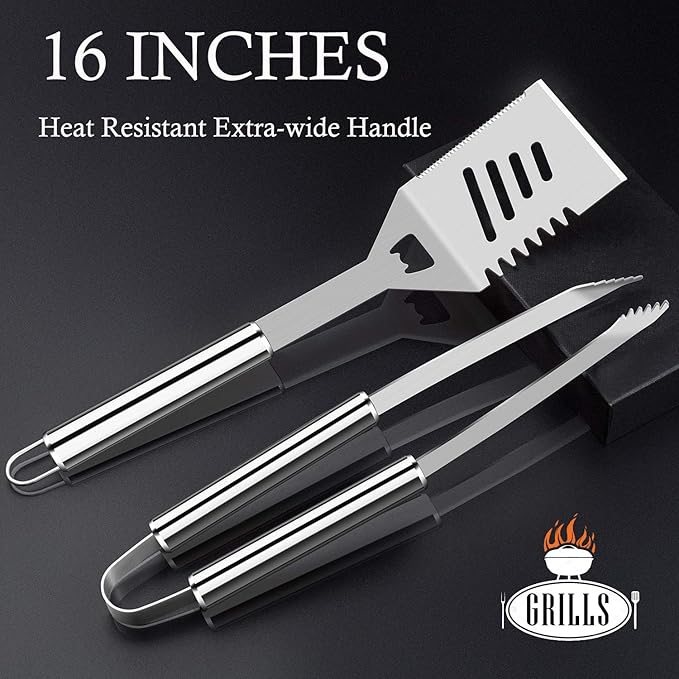 ROMANTICIST 30pcs Stainless Steel Grill Tool Set, Heavy Duty BBQ Grilling Accessories for Men Women, Non-Slip Grill Utensils Kit with Thermometer Mats in Aluminum Case for Fathers Day Silver