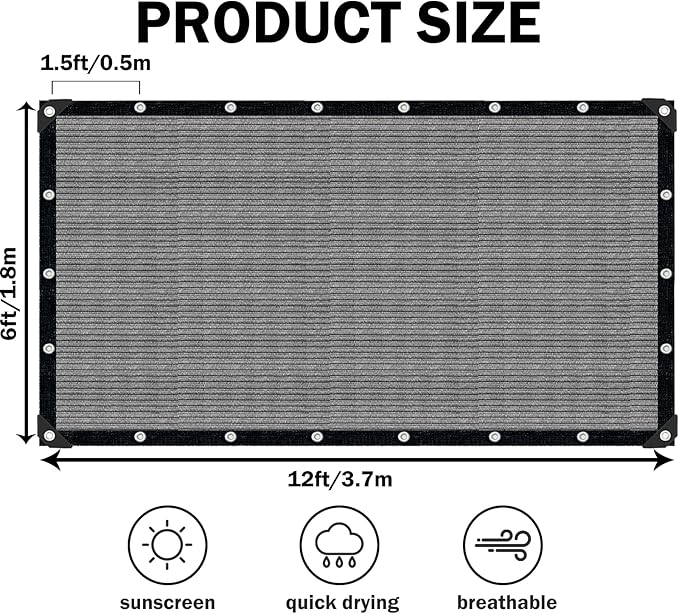Grey Sun Shade Cloth,Pergola Shade Cover with Reinforced Grommets,90% Shade Fabric Fence Privacy Screen Balcony,Pergola Shade Cover Canopy Garden Carport Porch Deck Patio Shade Cover,6x12FT