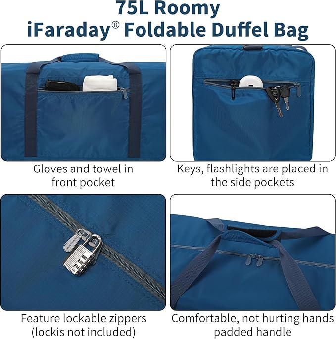 Foldable Duffle Bag 30 inch 75L Large Lightweight Luggage Bag for Travel Camping Storage-Blue