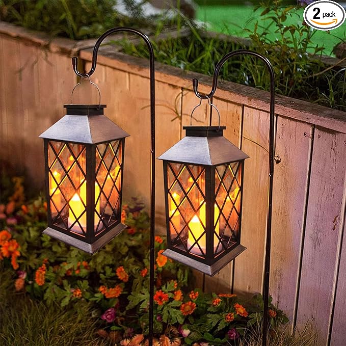 Solar Outdoor Lantern, Garden Hanging Waterproof Lanterns, 3 LED Flickering Flameless Candle, PVC, for Garden Decor Gifts (2 Pack)