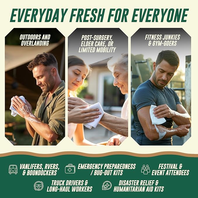 Disposable No Rinse Bathing Wipes – Rinse-Free Sponge Bath for Adults & Kids - Thick Body Wipes with Aloe for Camping, Hiking, Travel, Backpacking, Outdoor & Off-Grid Use – (25 Pack)