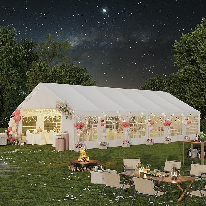 Aoxun 20x40 Party Tent Canopy for Weddings Waterproof Event Tent with Removable Sidewalls &Roll-up Door, Heavy-Duty Steel Frame for Outdoor Weddings, BBQ, Birthday Parties, & Camping,White
