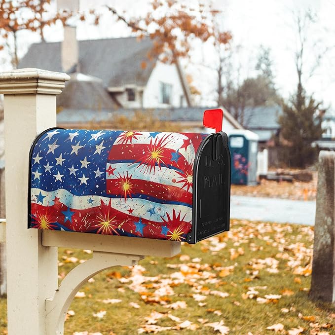 American Flag Magnetic Mailbox Cover Fireworks and Flag USA Holiday Mailbox Covers Large Size 25.5" x 21" Independence Day July 4th Post Letter Box Wraps for Outdoor Garden Yard Home Decor