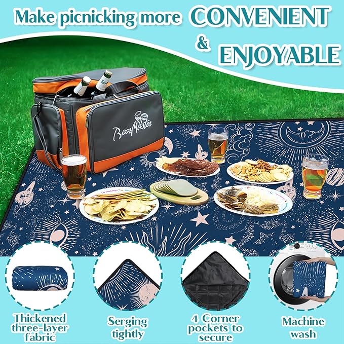 Gothic Picnic Blankets Waterproof Foldable,80″X80″ Sun and Moon Thick Picnic Mat Outdoor Blanket for Grass,Blue Large Beach Blanket Sandproof Picnic Accessories for Camping Picnic Party Park