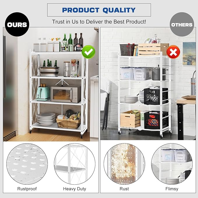 4-Tier Foldable Storage Shelf with Wheels - Metal Rack Collapsible Shelving Unit Display, Rolling Cart for Books Kitchen Storage Shelves, Pantry & Closet Organizer, Office Room Decor