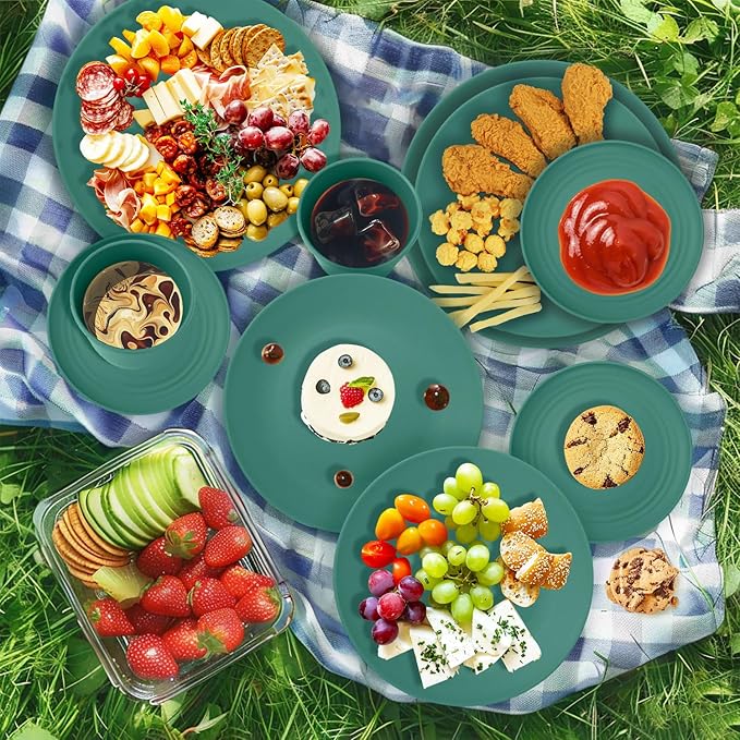 40Pack plates and bowls sets for kids - Unbreakable wheat straw dinnerware sets service for 8 - Alternative plastic 40pcs dish sets for kitchen, camping and indoors dinning - (Green)