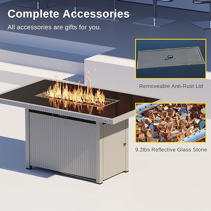 EAST OAK 52'' Propane Fire Pit Table, 60,000 BTU Gas Firepit W/Large Tempered Glass Tabletop, CSA Certified Outdoor Patio Fire Table with 9.2 lbs Glass Stone & Removable Lid, Grey