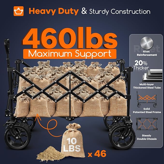 220L Collapsible Wagon Cart Foldable, 460LB Load Capacity Heavy Duty Folding Beach Wagons with Big All-Terrain Wheels, Utility Carts for Groceries, Shopping, Camping, Sports - Red