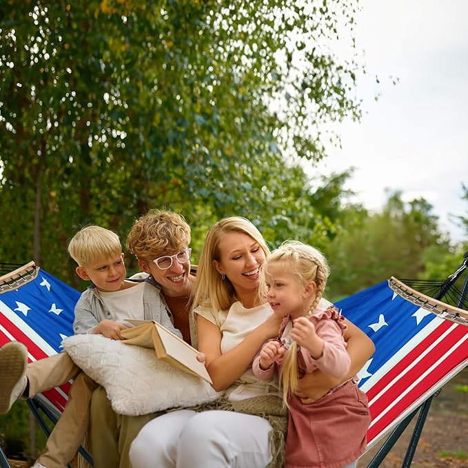 Tranquillo Sturdy Steel Hammock with Stand Premium Cotton Canvas Hammock, 600 lbs Capacity Hammock Stand Folding, Portable 30-Second Fold Unfold, for Camping, American Flag