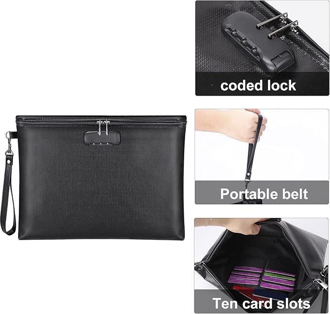 Fireproof Document Bag with Lock, ZOOPIP 14.3"x10.2" Fireproof and Waterproof Money Bag with Zipper Closure, Storage Pouch for A4 Letter Size Document, Cash, Cell Phone, Tablet, Credit Card,Passport