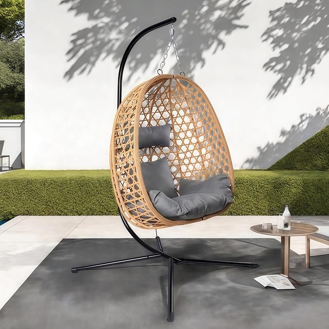 Hanging Egg Chair with Stand, Patio Wicker Swing Chair, Hammock Style with 350LBS Capacity for Bedroom, Balcony, or Garden (Yellow-Grey)