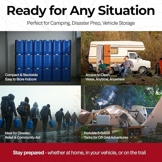 Emergency Water Storage Containers - 5 Gallon Each Water Storage Tank w/Lids + Spigot - Water Storage Container, Emergency Water Container, Survival Storage Tank - Stackable (20 Gallons (4 Tanks))