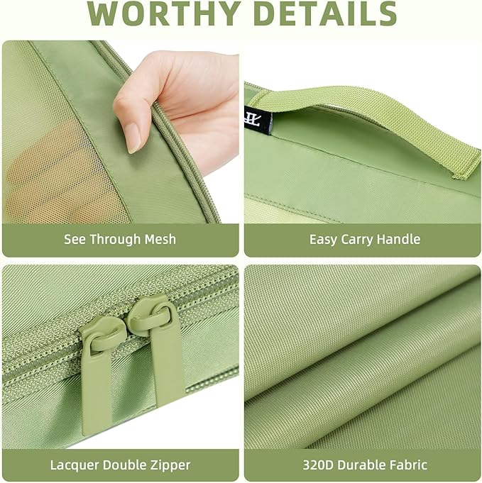 BAGAIL 4 Set/6 Set/8 Set Compression Packing Cubes Travel Accessories Expandable Packing Organizers (Square Mesh, 06-Matcha Green)