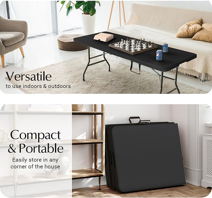 6ft Heavy Duty Portable Folding Table - Plastic Dining Table Indoor/Outdoor Black Plastic Table for Parties, BBQs, and Camping