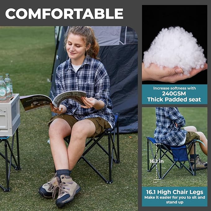 FUNDANGO Folding Camping Stool, 2 Pack 18.1 Inch Oversized Foot Rest 440 Lbs Heavy Duty Portable Padded Stools Seat Anti-Slip Foots & Carry Strap for Fishing Outdoor Lawn Travel (Grey)