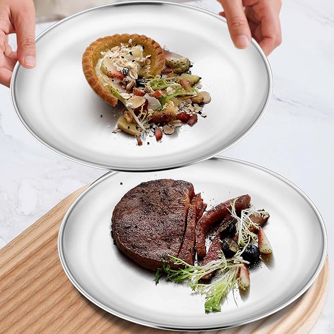 Homikit 6 Pack Stainless Steel Plates, 8 Inch Metal Kids Toddler Dinner Plate Set Non Toxic, 304 Round Camping Plates for Serving Dishes Dessert Salad, Unbreakable & Reusable, Dishwasher Safe