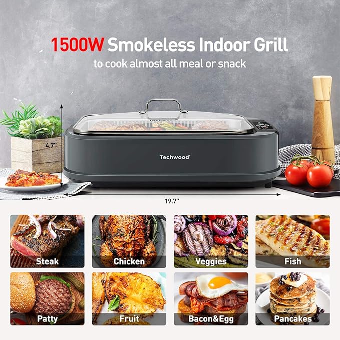 Indoor Smokeless Grill, Techwood 1500W Electric BBQ Grill with Temperature Control, Korean Grill Removable Grill & Griddle Plates, Tempered Glass Lid
