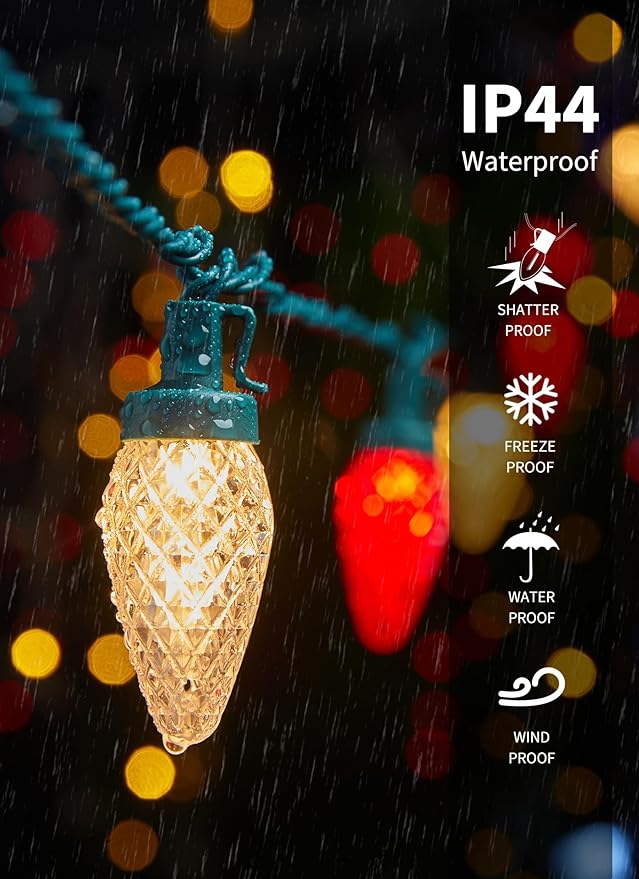 C9 LED Christmas String Lights - 82ft 100 LED Outdoor String Lights with Timer and 8 Lighting Modes, Plug in Extendable Roofline Lights String for Outside Yard Porch Christmas Holiday Decoration