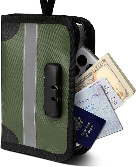 Fireproof Document Bag with Lock and Zipper – Fireproof Money Pouch with Reflective Strip, Wide Opening, Large Capacity (1.57" x 8.66" x 6.3"), Secure Cash, Phones, Cards & Passports – Green, Small