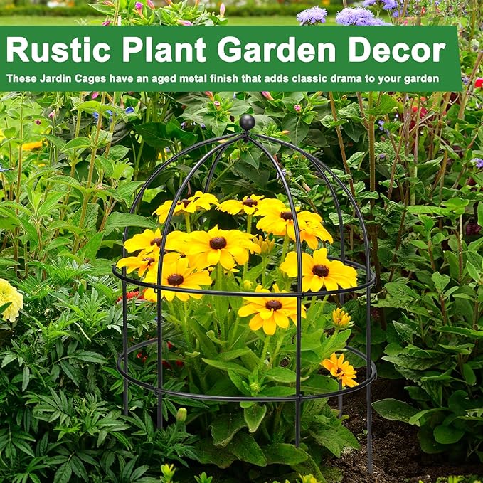 2 Pcs Jardin Bird Cage Plant Support 24" H Large Sturdy Grow-Through Flower Support Black Peony Plant Support Cage Climbing Plant Trellis Sculptural Garden Decor for Perennial Flowers Classic Black